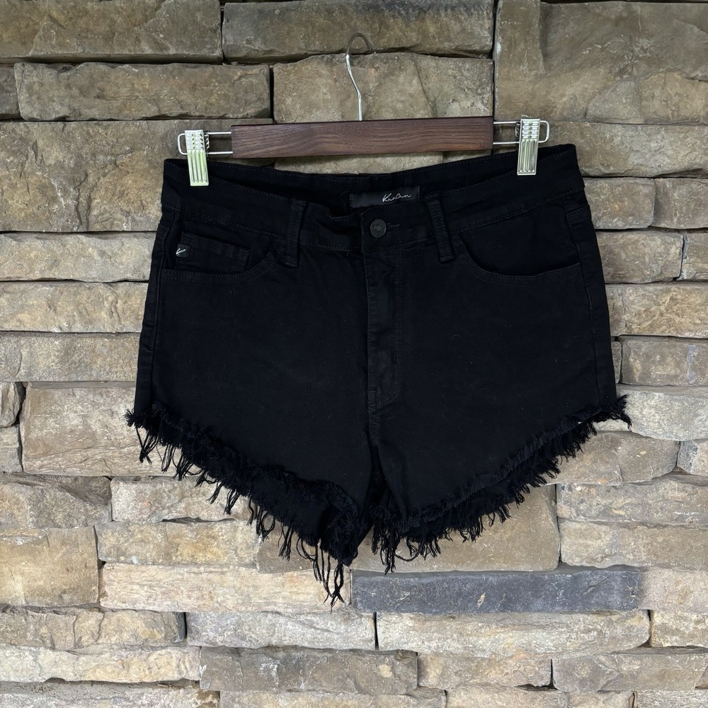 KanCan Juniors Denim Jean Shorts Size 9 Black Stretch Raw Frayed Hem High Rise